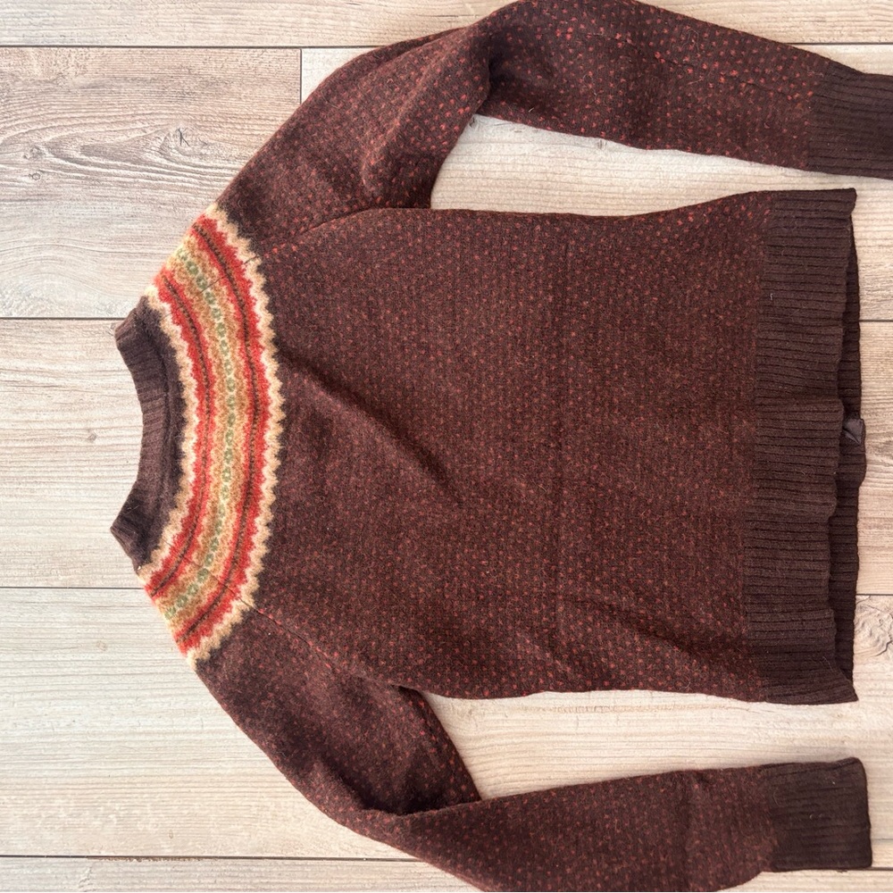 Vintage 100% Lambs Wool Eagles Eye Brown Patterned Cardigan Sweater Small - Picture 4 of 8